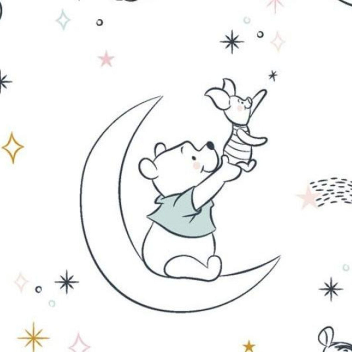 Disney Winnie the Pooh Dreamy Clouds licensed cotton fabric by Springs Creative featuring Pooh, Piglet, Tigger and Eeyore sleeping on clouds with moons and stars on a white background.
