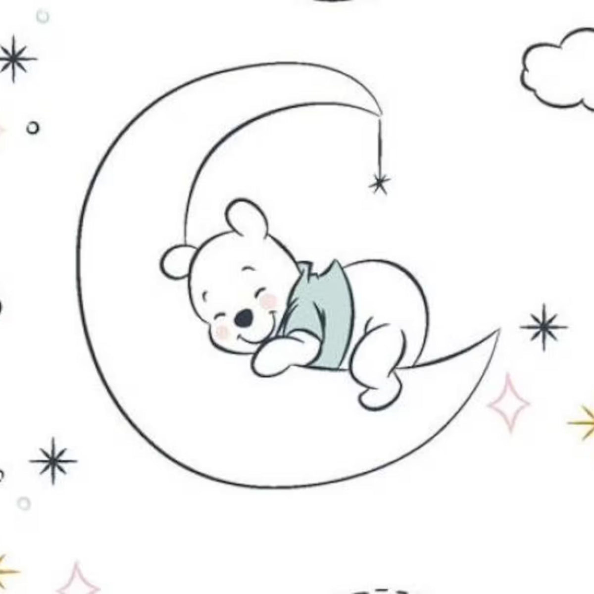 Disney Winnie the Pooh Dreamy Clouds licensed cotton fabric by Springs Creative featuring Pooh, Piglet, Tigger and Eeyore sleeping on clouds with moons and stars on a white background.