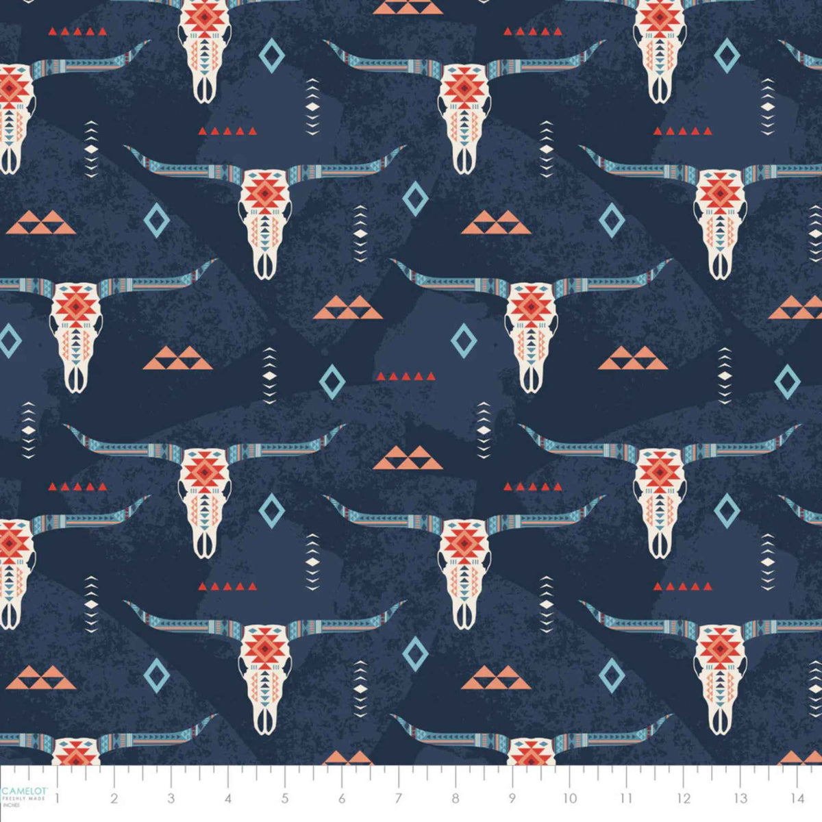 “Navy cotton fabric featuring stylized longhorn skulls with tribal geometric accents and Southwestern motifs.”