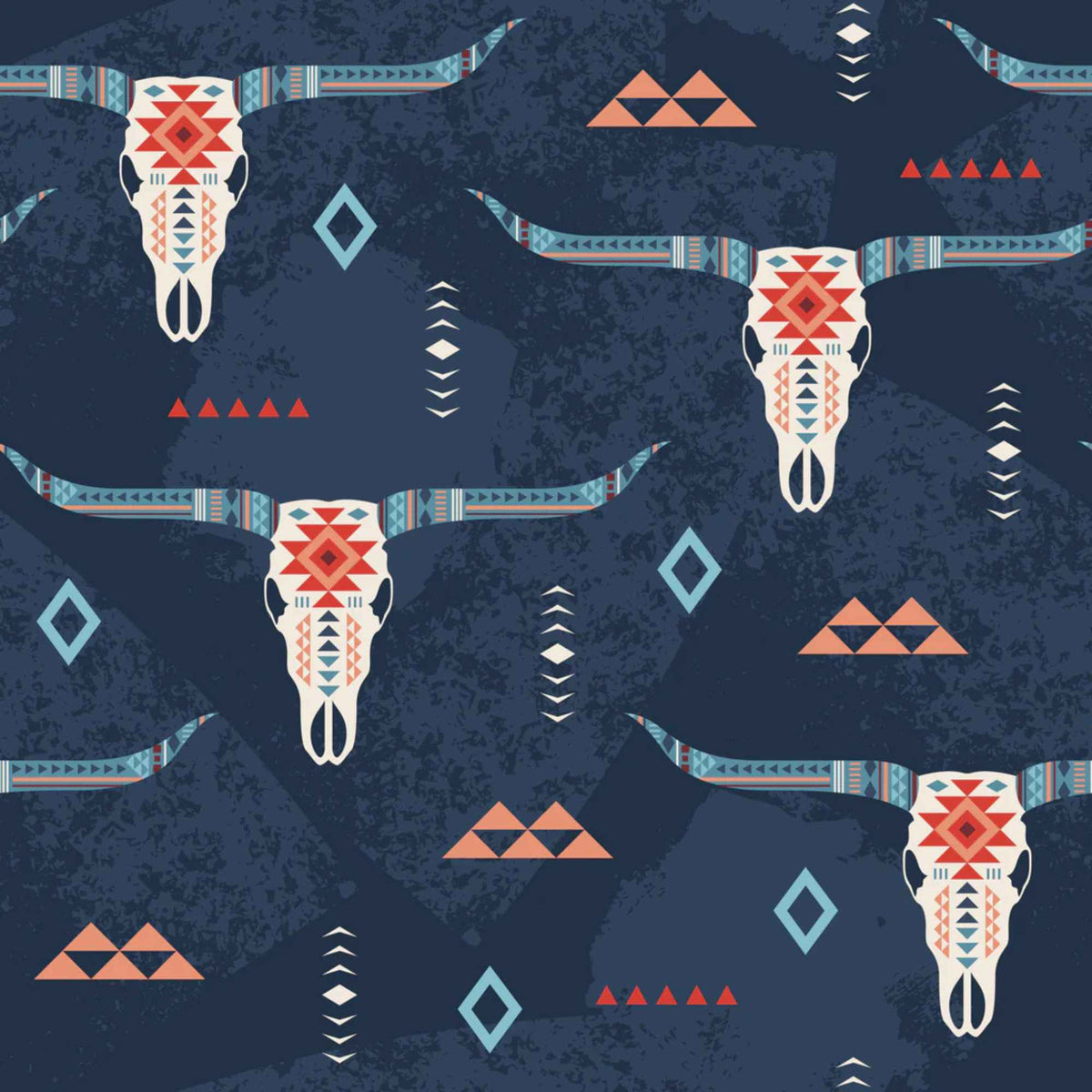 “Navy cotton fabric featuring stylized longhorn skulls with tribal geometric accents and Southwestern motifs.”