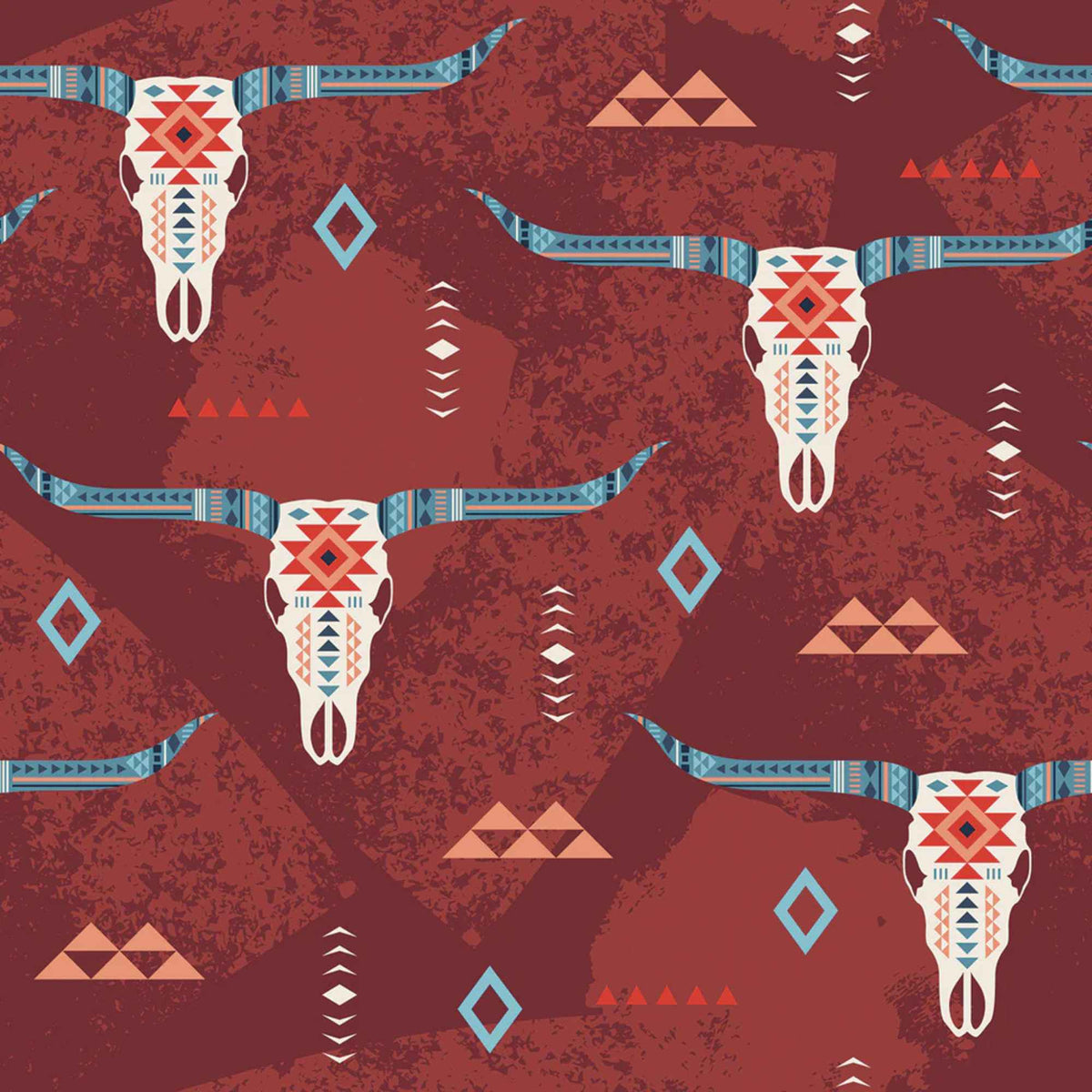 “Rust-colored cotton fabric with Southwestern longhorn skull motifs and tribal geometric accents.”