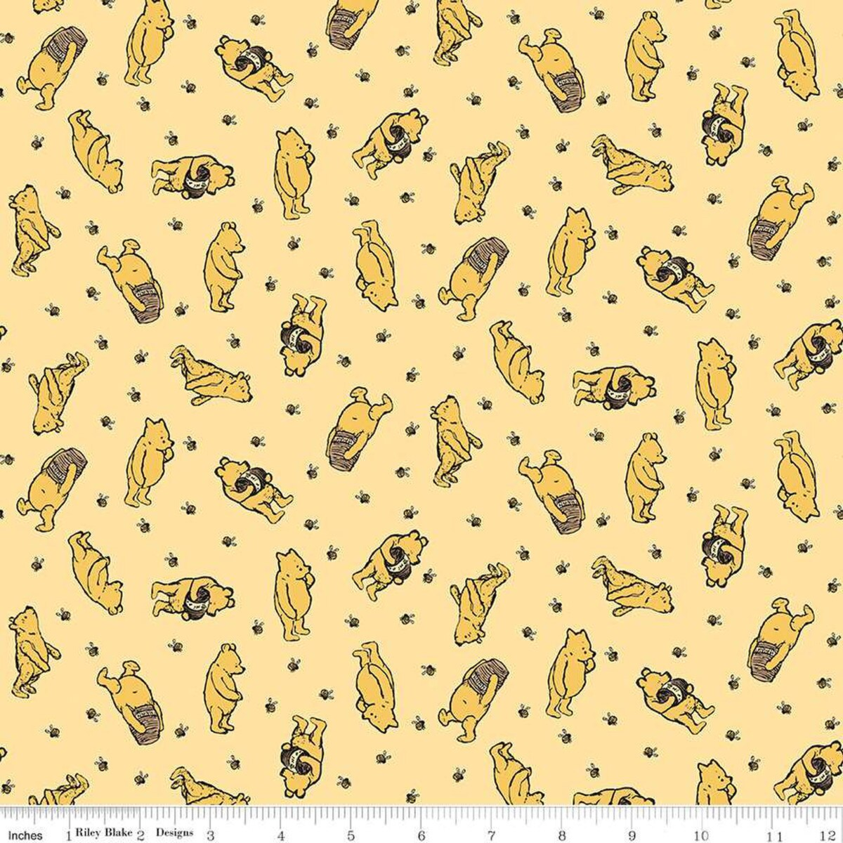 Winnie the Pooh toss sunshine cotton fabric with Pooh bears honey pots and bees by Riley Blake Designs