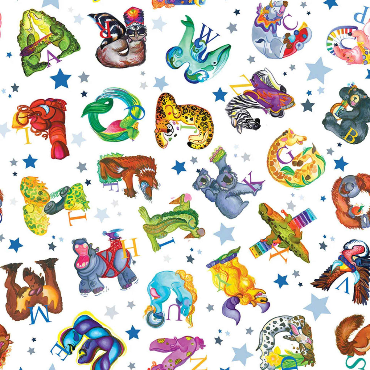 “All-over alphabet fabric print with illustrated animal letters A–Z and blue stars on a white background.”