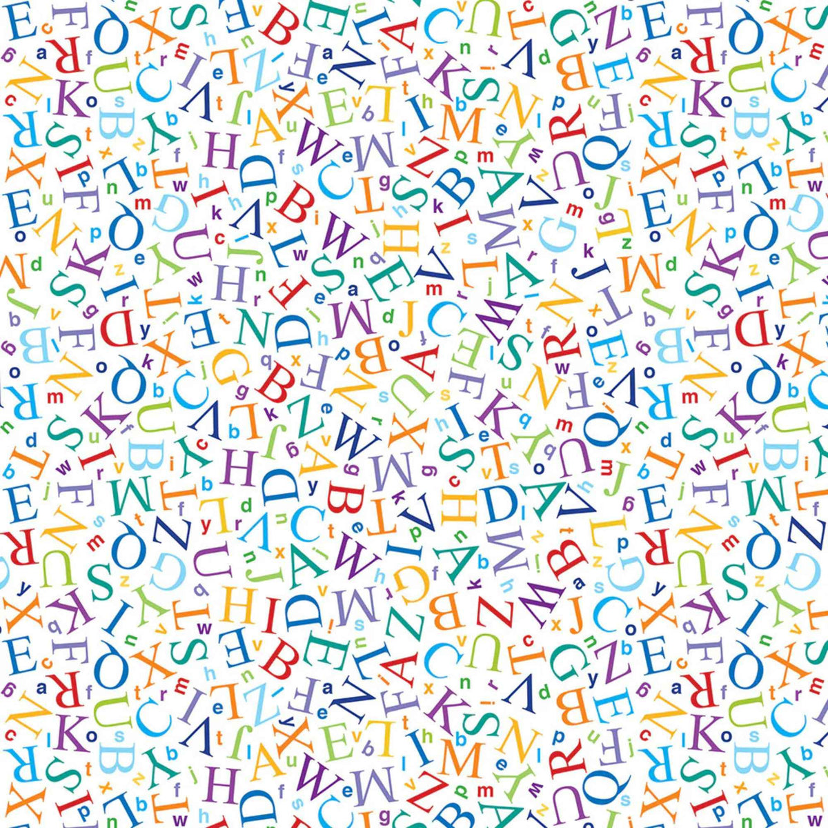 “Colorful scattered alphabet letters in various sizes printed on a white cotton fabric background.”