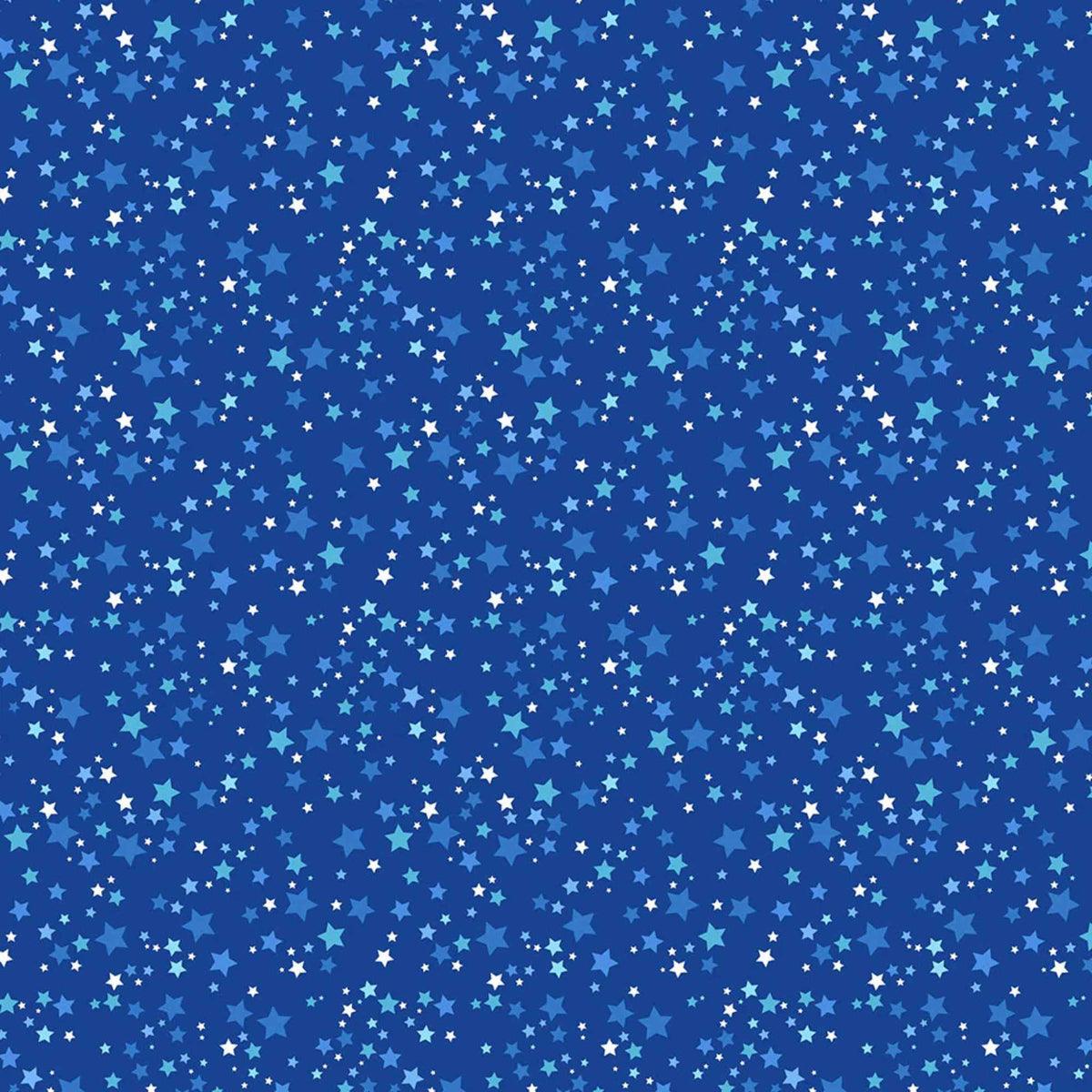 “Blue cotton fabric with scattered stars in multiple shades of blue and white.”