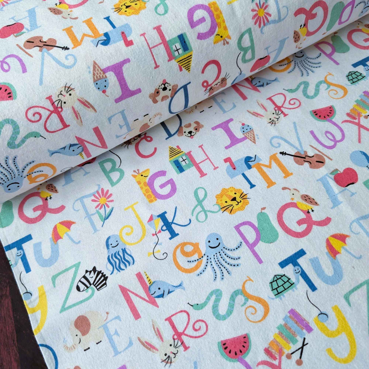 Alphabet Animals Cotton FLANNEL – Educational Kids Print – Oeko - Tex Standard 100