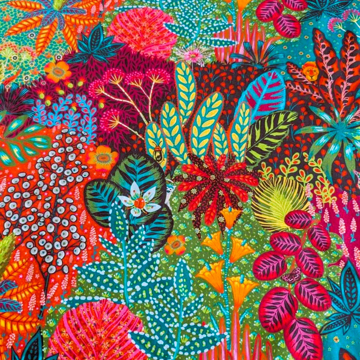 Colorful tropical forest cotton fabric featuring bold botanical prints and exotic foliage – Amazonia collection by Odile Bailloeul, PWOB072