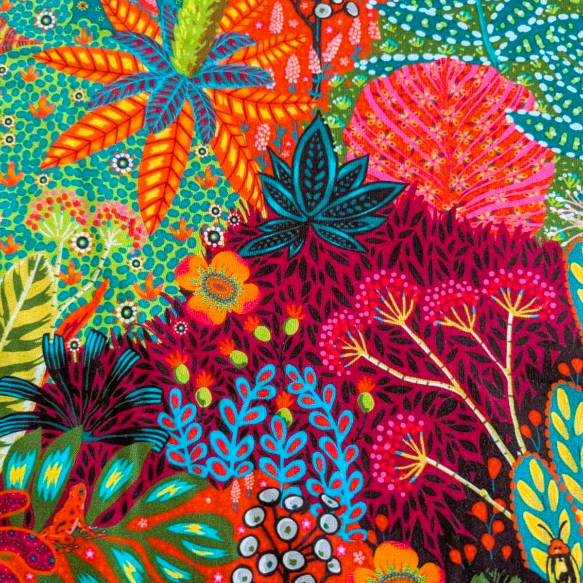 Colorful tropical forest cotton fabric featuring bold botanical prints and exotic foliage – Amazonia collection by Odile Bailloeul, PWOB072