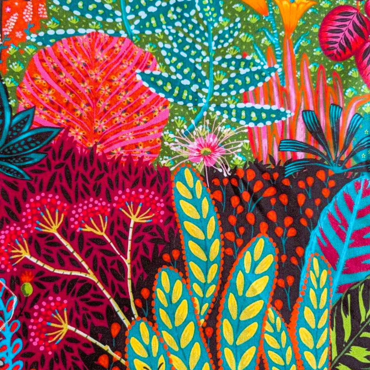 Colorful tropical forest cotton fabric featuring bold botanical prints and exotic foliage – Amazonia collection by Odile Bailloeul, PWOB072