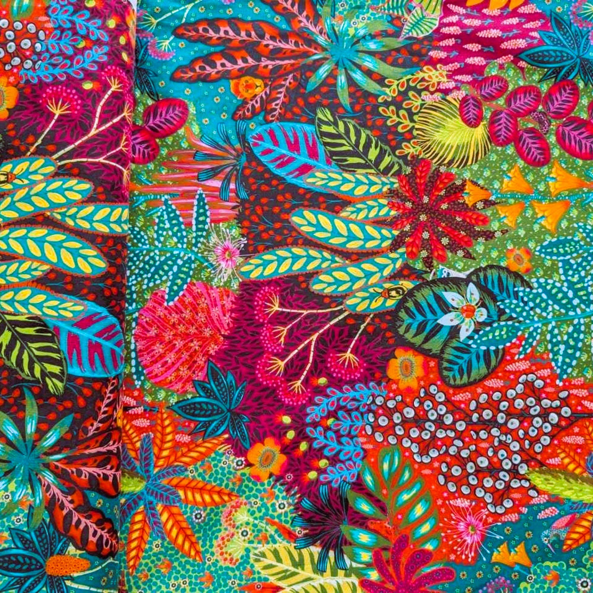 Colorful tropical forest cotton fabric featuring bold botanical prints and exotic foliage – Amazonia collection by Odile Bailloeul, PWOB072