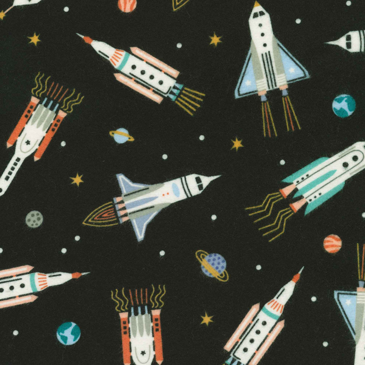 Astrobots Flannel - Space Rockets on Black - SRKF - 23027 - 2