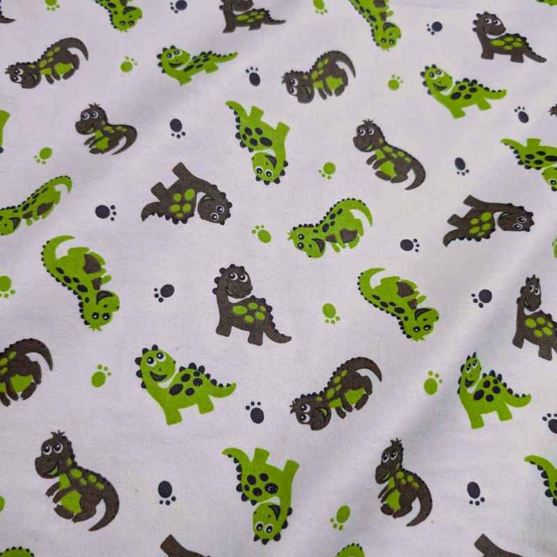 Baby Dinosaur FLANNEL, Gray and Green on White