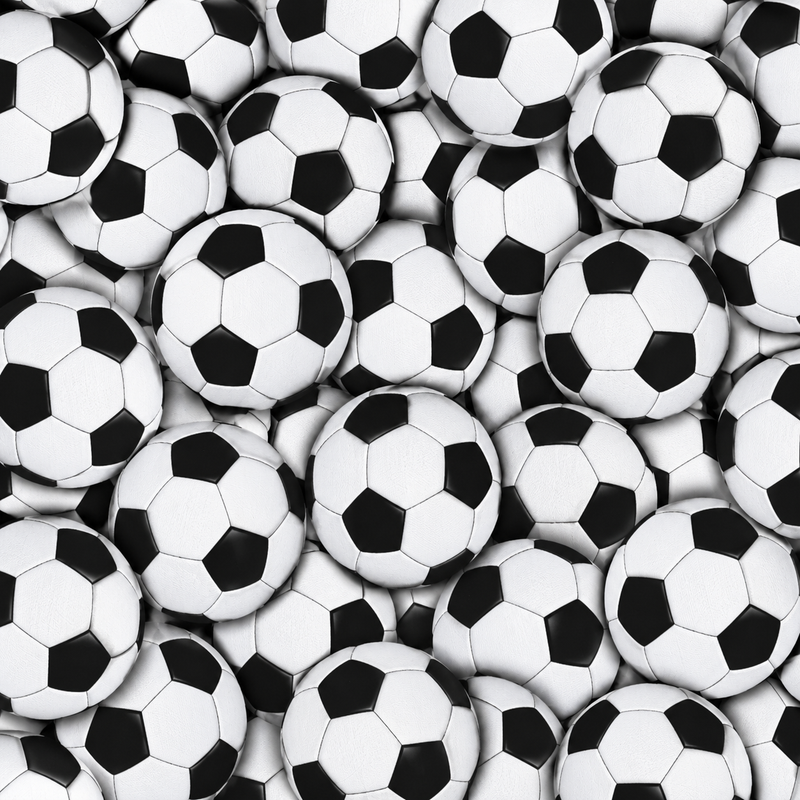 Black and white soccer ball cotton fabric with an allover packed soccer ball pattern.