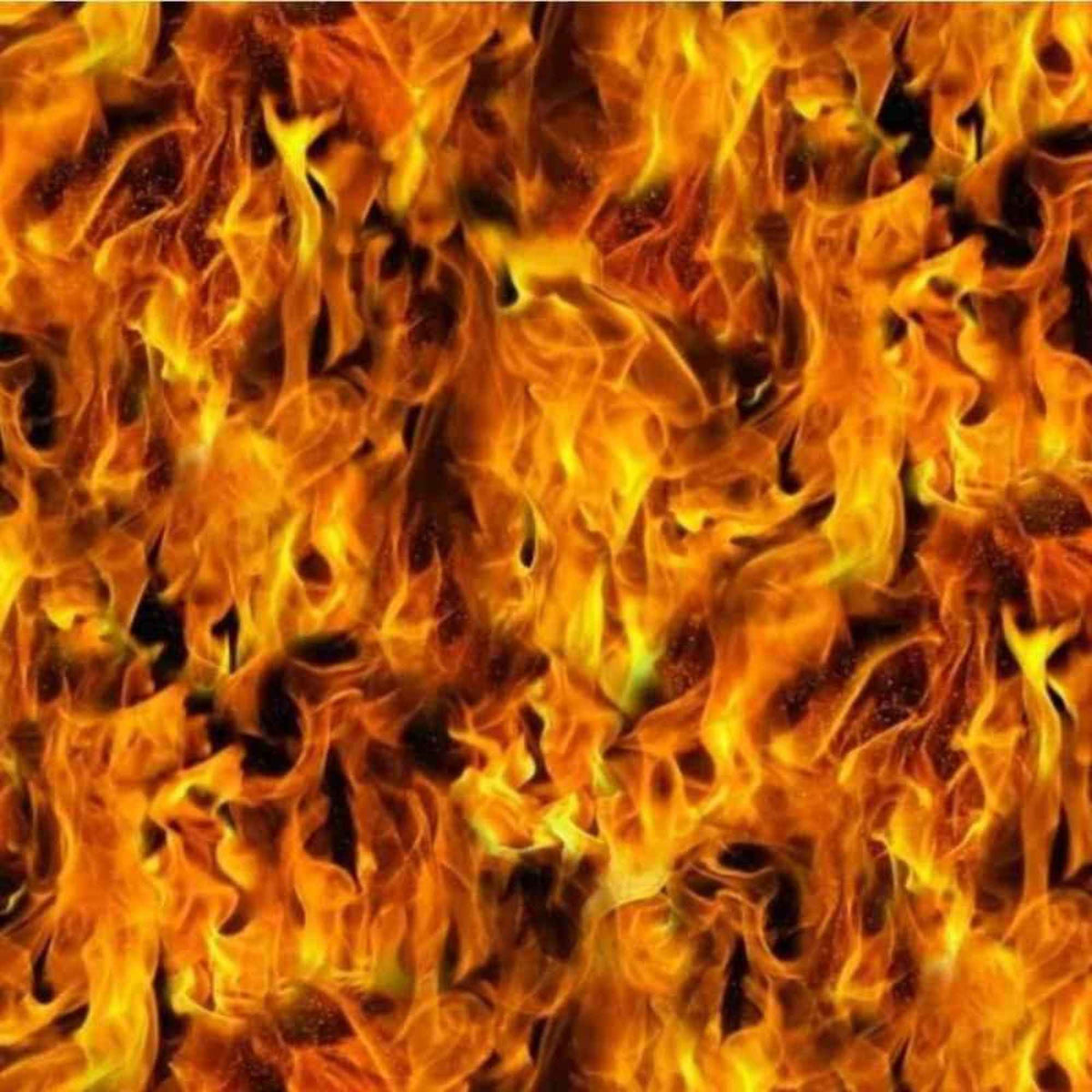 Black & Orange Flame Cotton Fabric – Fire Print on Black Background