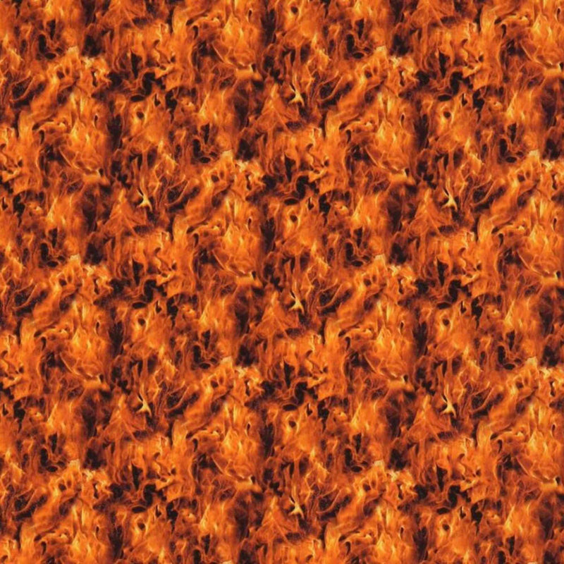 Black & Orange Flame Cotton Fabric – Fire Print on Black Background