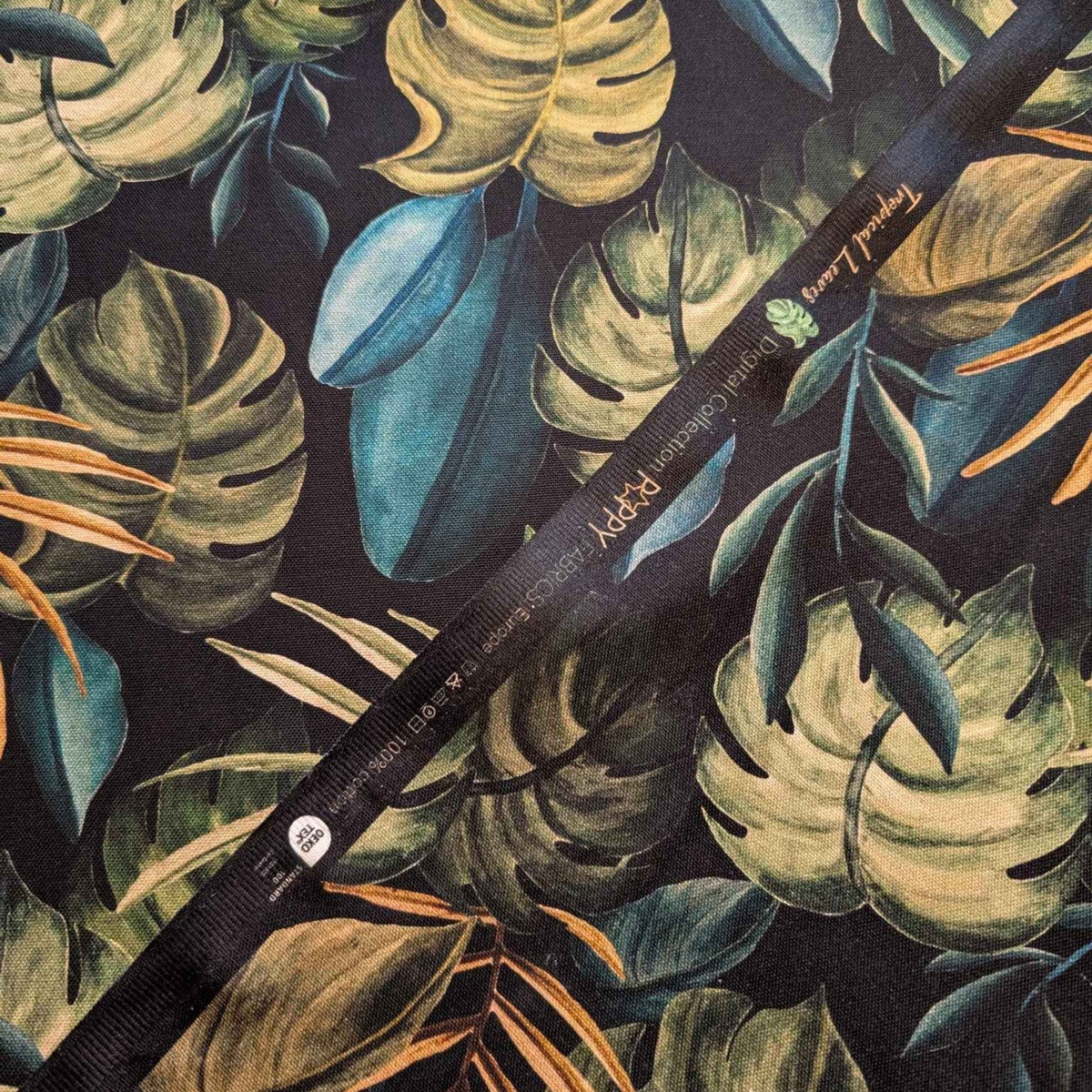 Black Tropical Leaves Digital Cotton Canvas – Oeko - Tex Certified