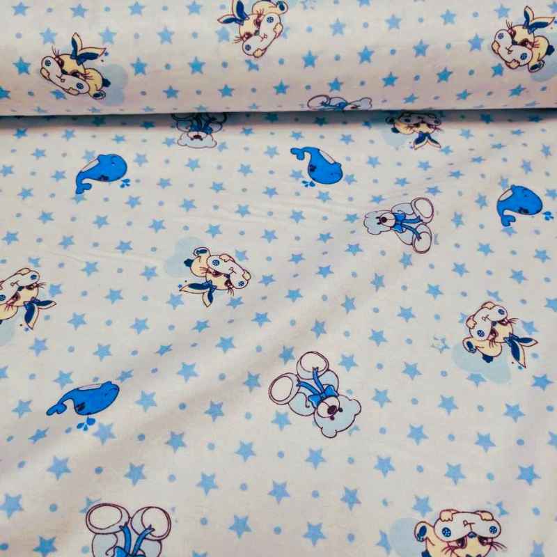 Blue Nursery FLANNEL, Teddy Bear, Whale and Stars on White