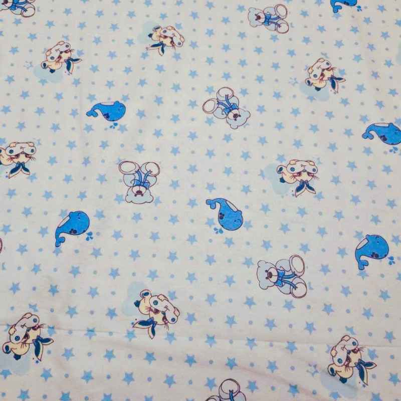 Blue Nursery FLANNEL, Teddy Bear, Whale and Stars on White