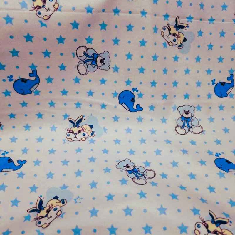 Blue Nursery FLANNEL, Teddy Bear, Whale and Stars on White