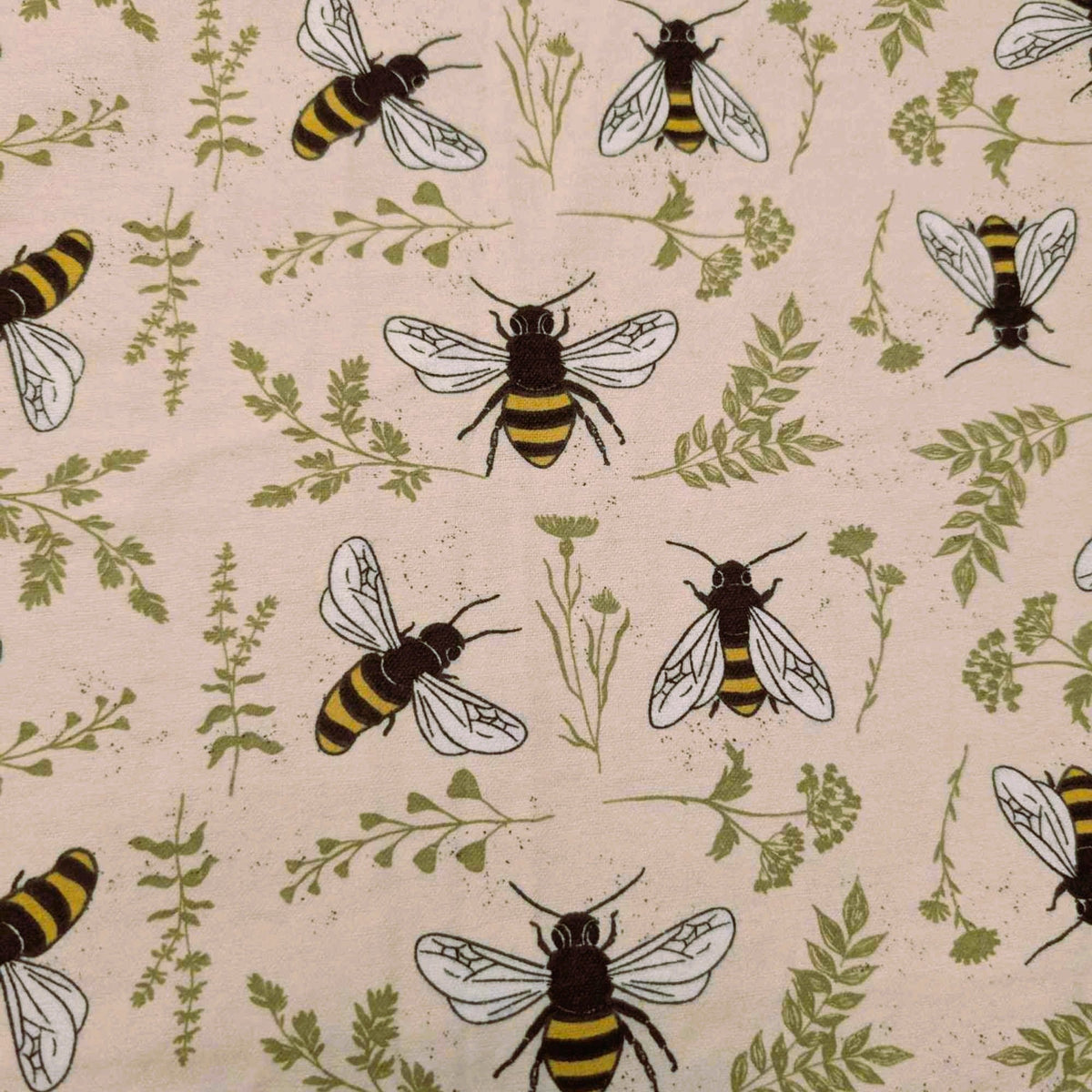 Bumble Bee Cotton Flannel – Cream with Bees & Botanicals | 100% Cotton Flannel
