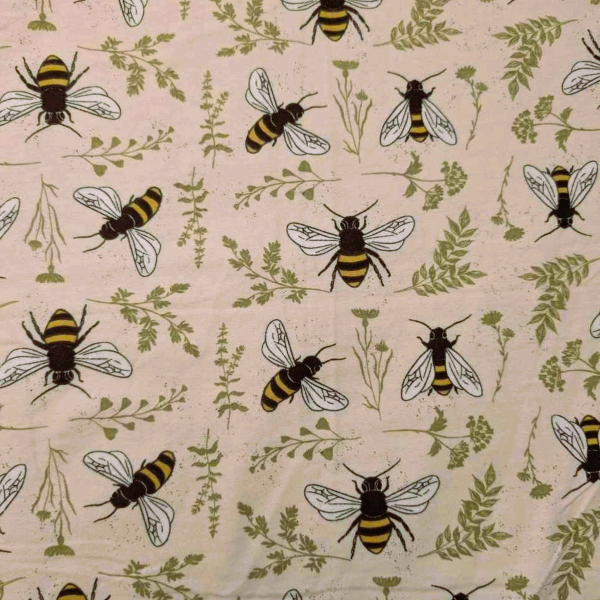 Bumble Bee Cotton Flannel – Cream with Bees & Botanicals | 100% Cotton Flannel