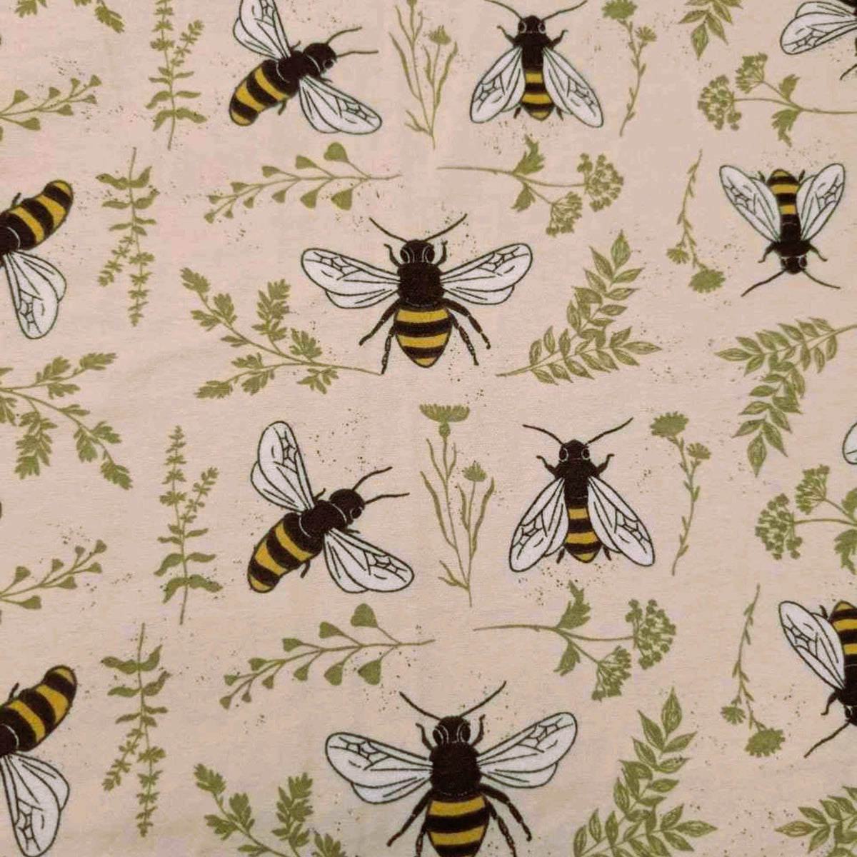 Bumble Bee Cotton Flannel – Cream with Bees & Botanicals | 100% Cotton Flannel
