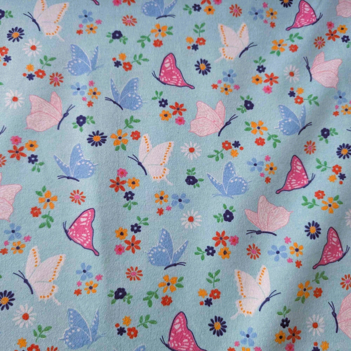 Butterflies & Flowers on Blue Cotton Flannel – Brushed Soft Oeko - Tex Standard 100