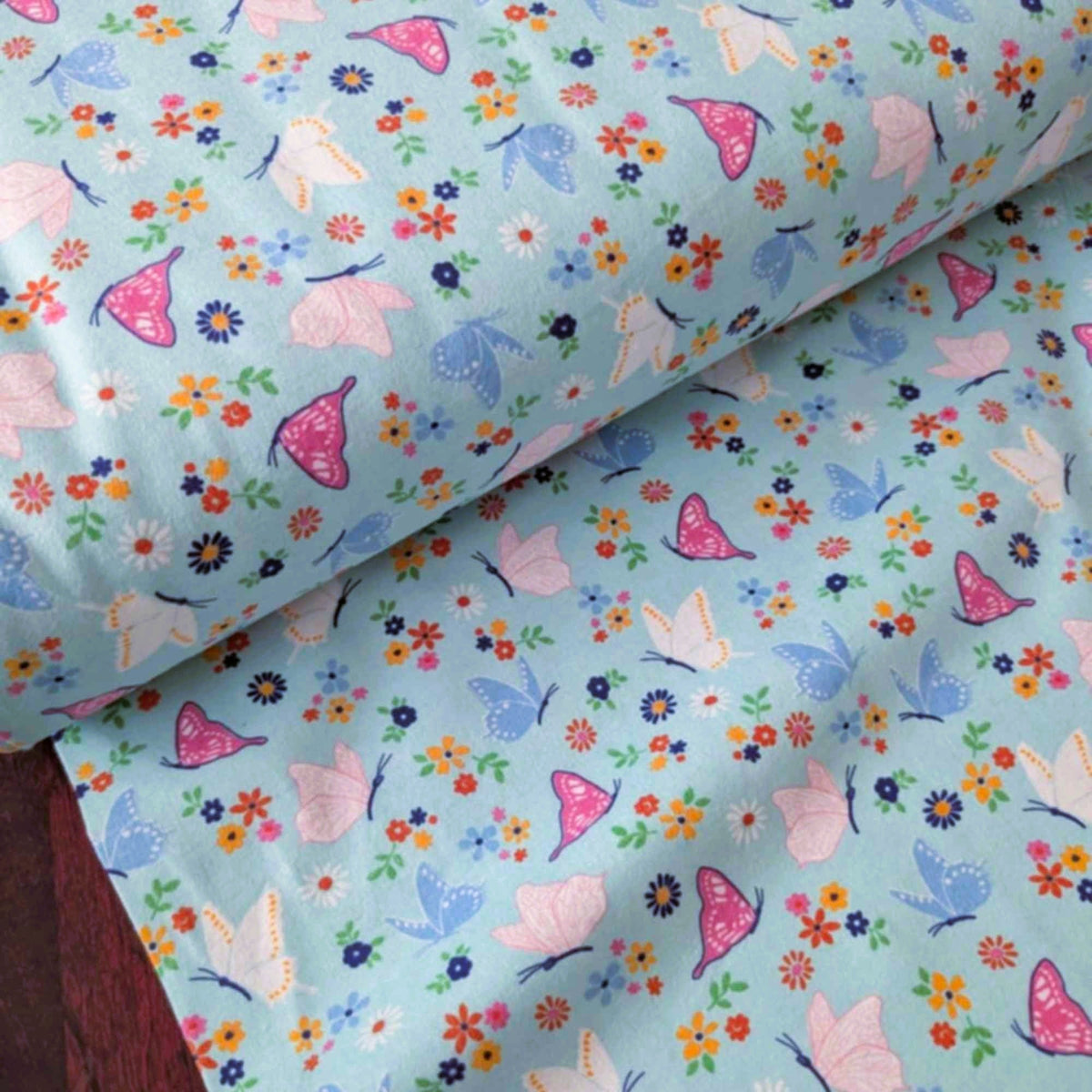 Butterflies & Flowers on Blue Cotton Flannel – Brushed Soft Oeko - Tex Standard 100