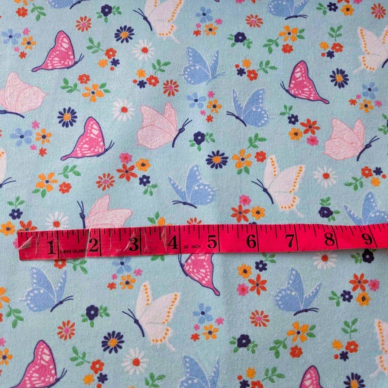 Butterflies & Flowers on Blue Cotton Flannel – Brushed Soft Oeko - Tex Standard 100