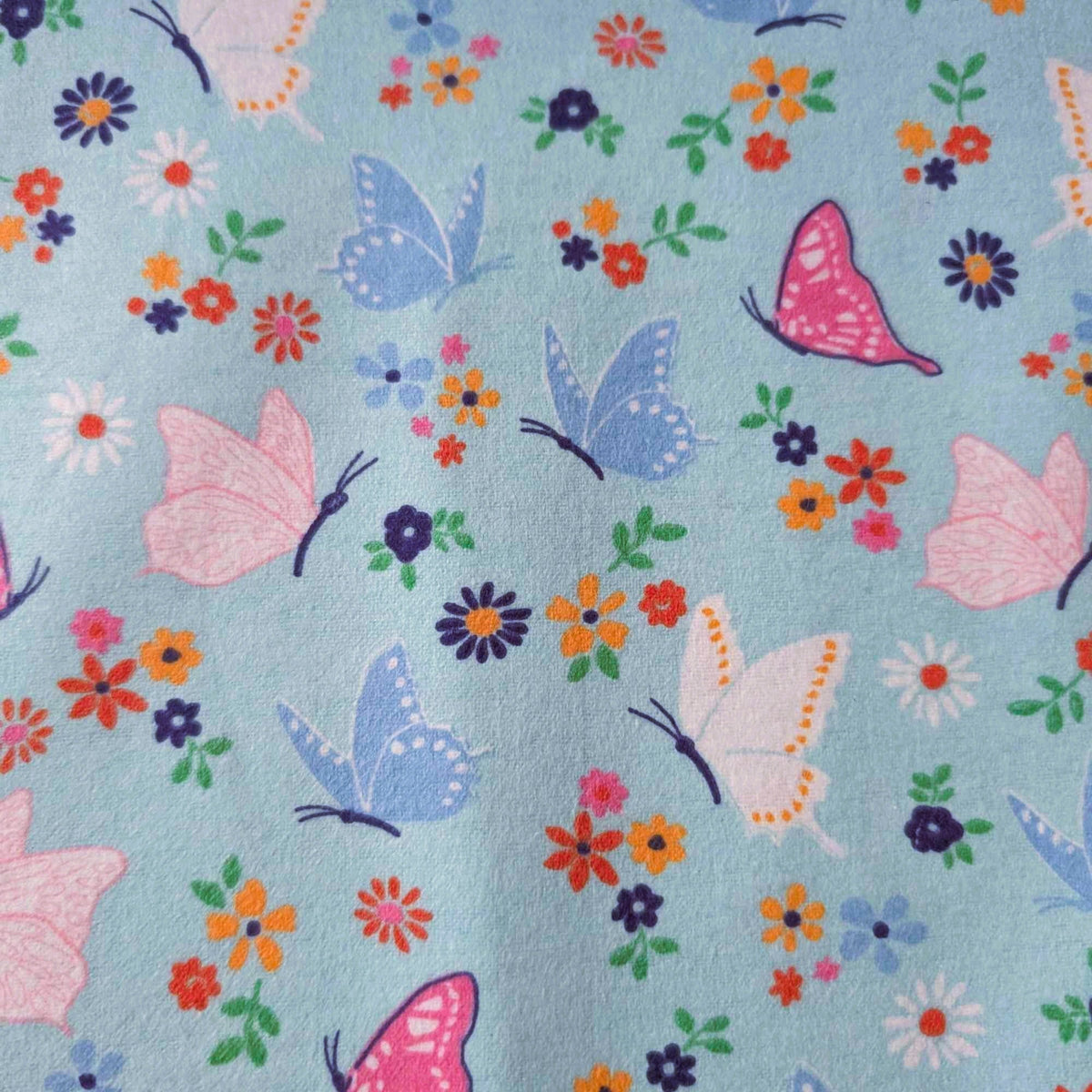 Butterflies & Flowers on Blue Cotton Flannel – Brushed Soft Oeko - Tex Standard 100