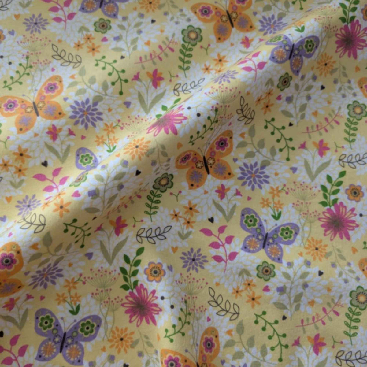 Butterflies & Flowers on Yellow Cotton Flannel – Brushed Soft Oeko - Tex Standard