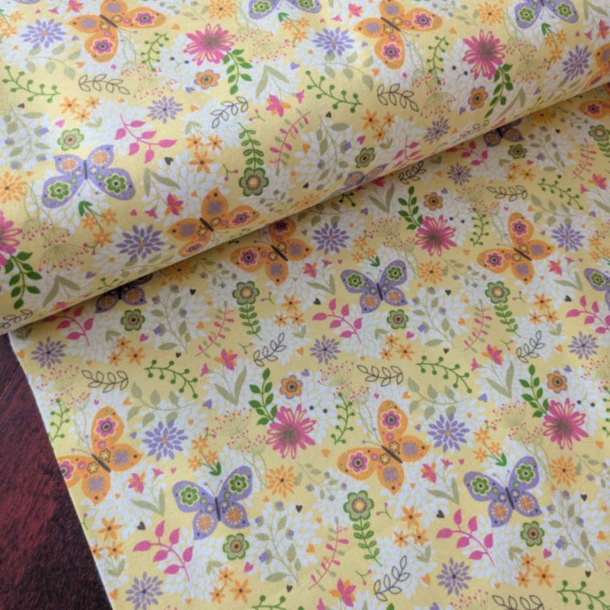 Butterflies & Flowers on Yellow Cotton Flannel – Brushed Soft Oeko - Tex Standard