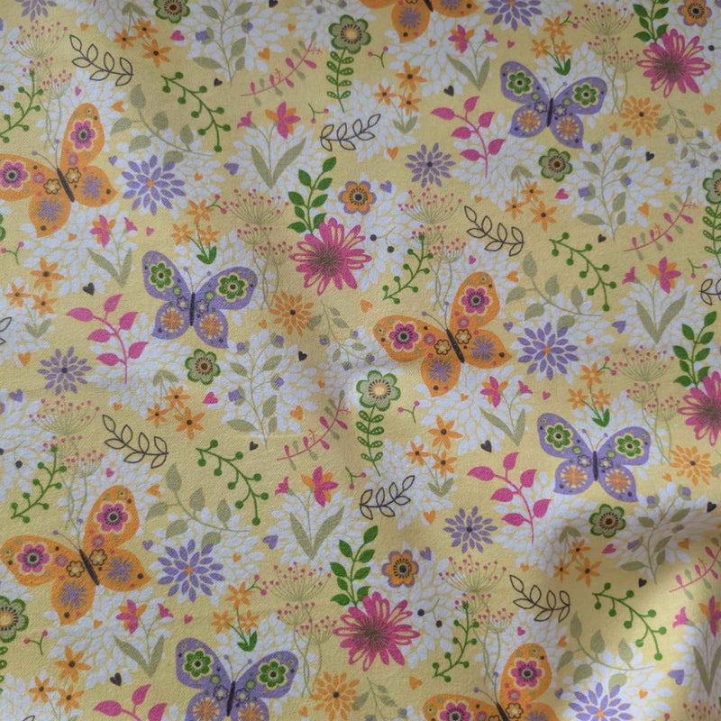 Butterflies & Flowers on Yellow Cotton Flannel – Brushed Soft Oeko - Tex Standard