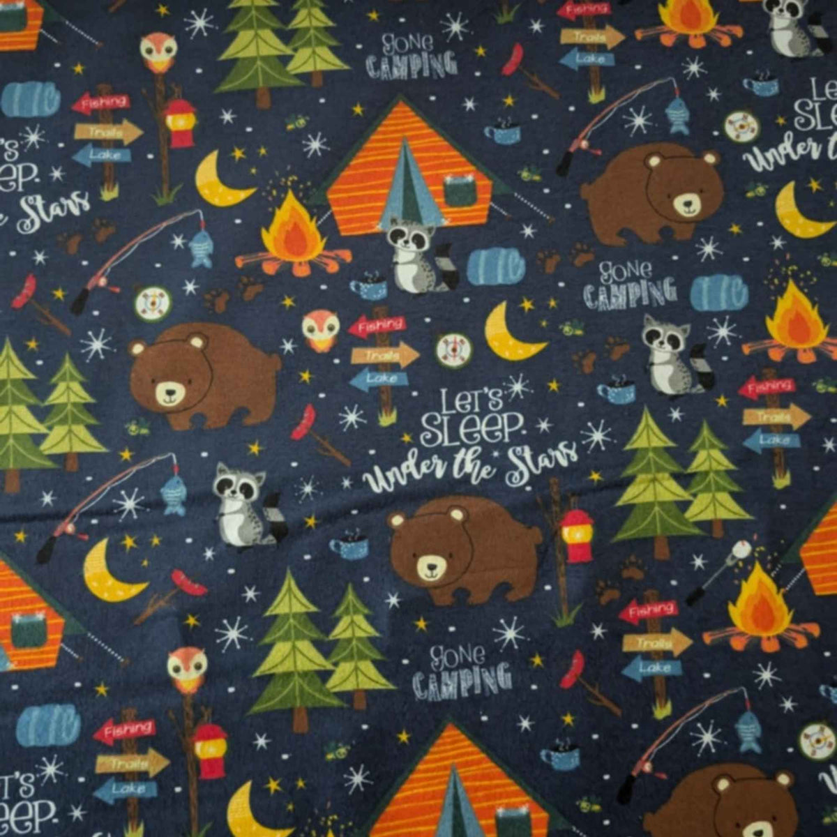 Camping Adventure Cotton Flannel – Bears, Tents & Stars – Oeko - Tex Standard 100