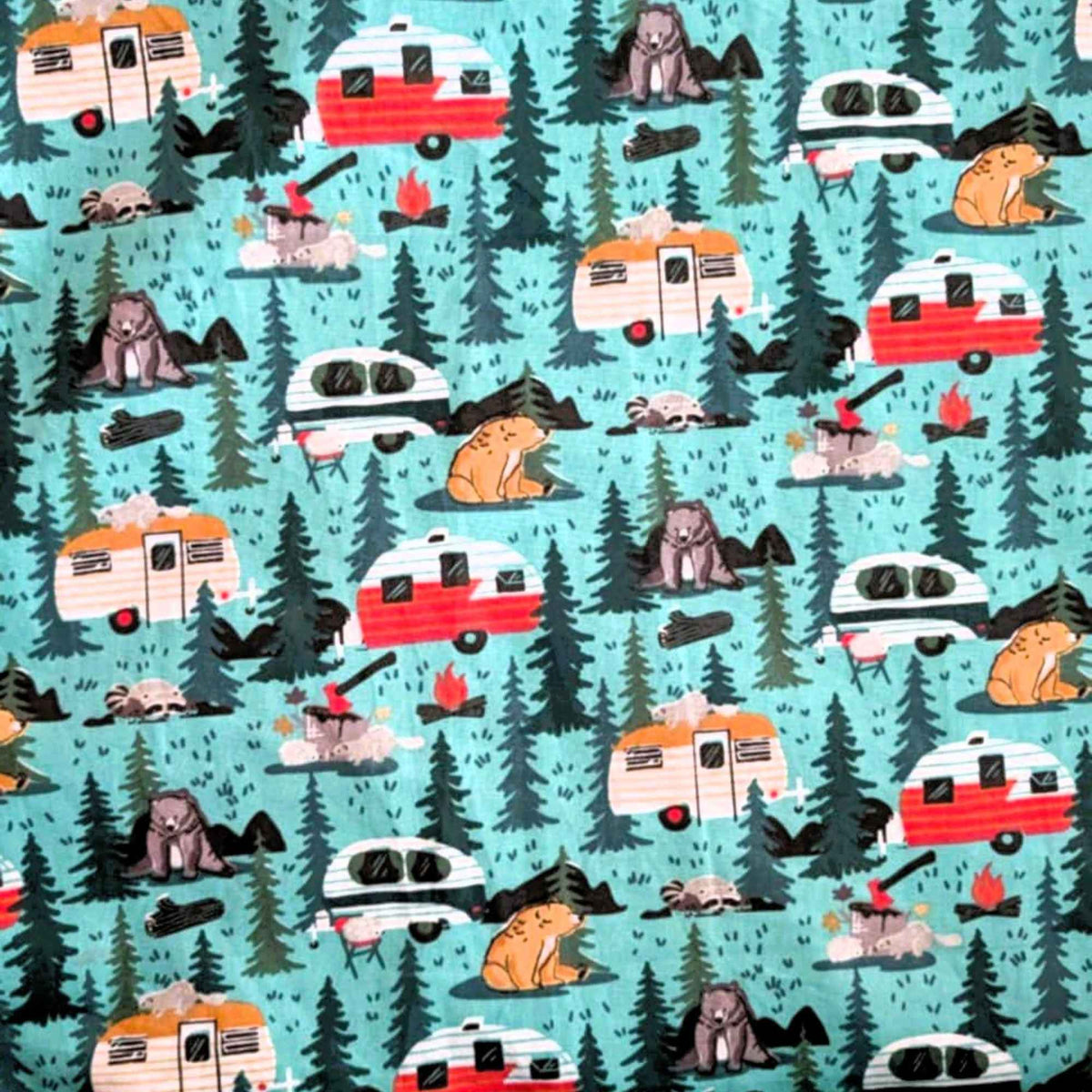 Camping Critters and Trailers Cotton Print Fabric