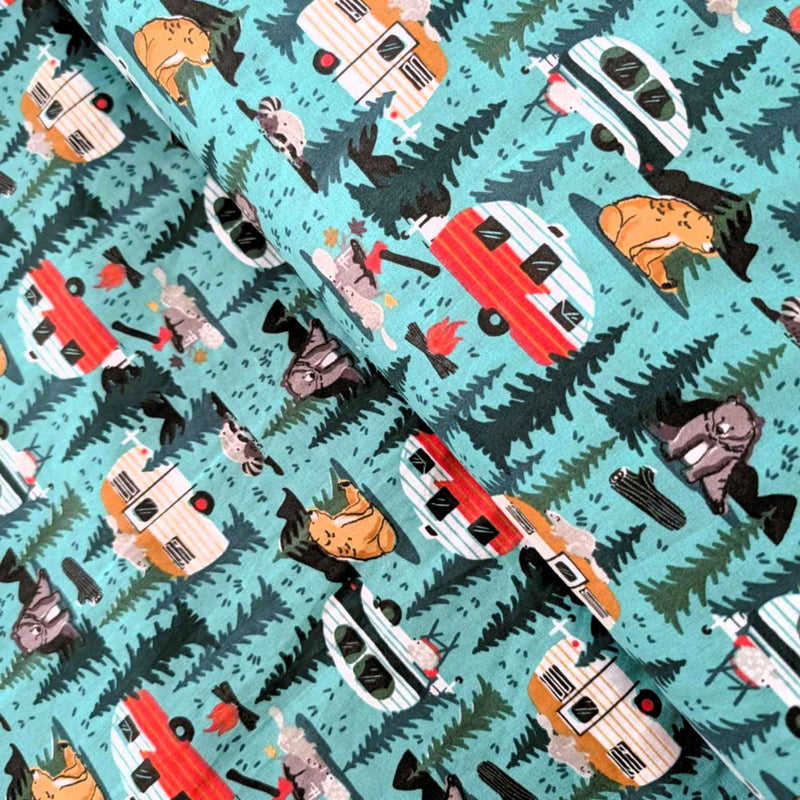 Camping Critters and Trailers Cotton Print Fabric