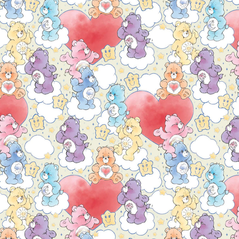 Care Bears on Lofty Clouds and Hearts on Yellow - Care Bears Sketch Art