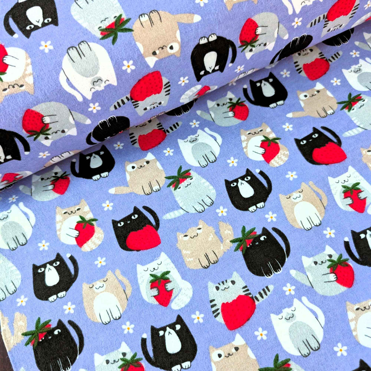 Cat and Strawberry Cotton FLANEL| Purple Background | Soft Brushed Oeko - Tex