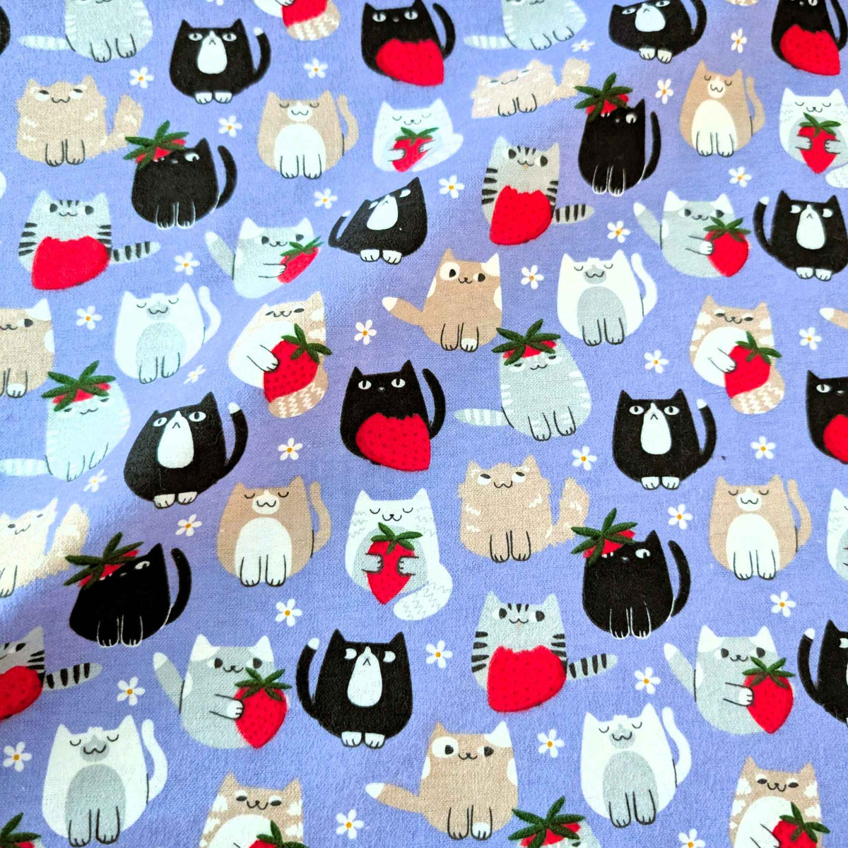 Cat and Strawberry Cotton FLANEL| Purple Background | Soft Brushed Oeko - Tex