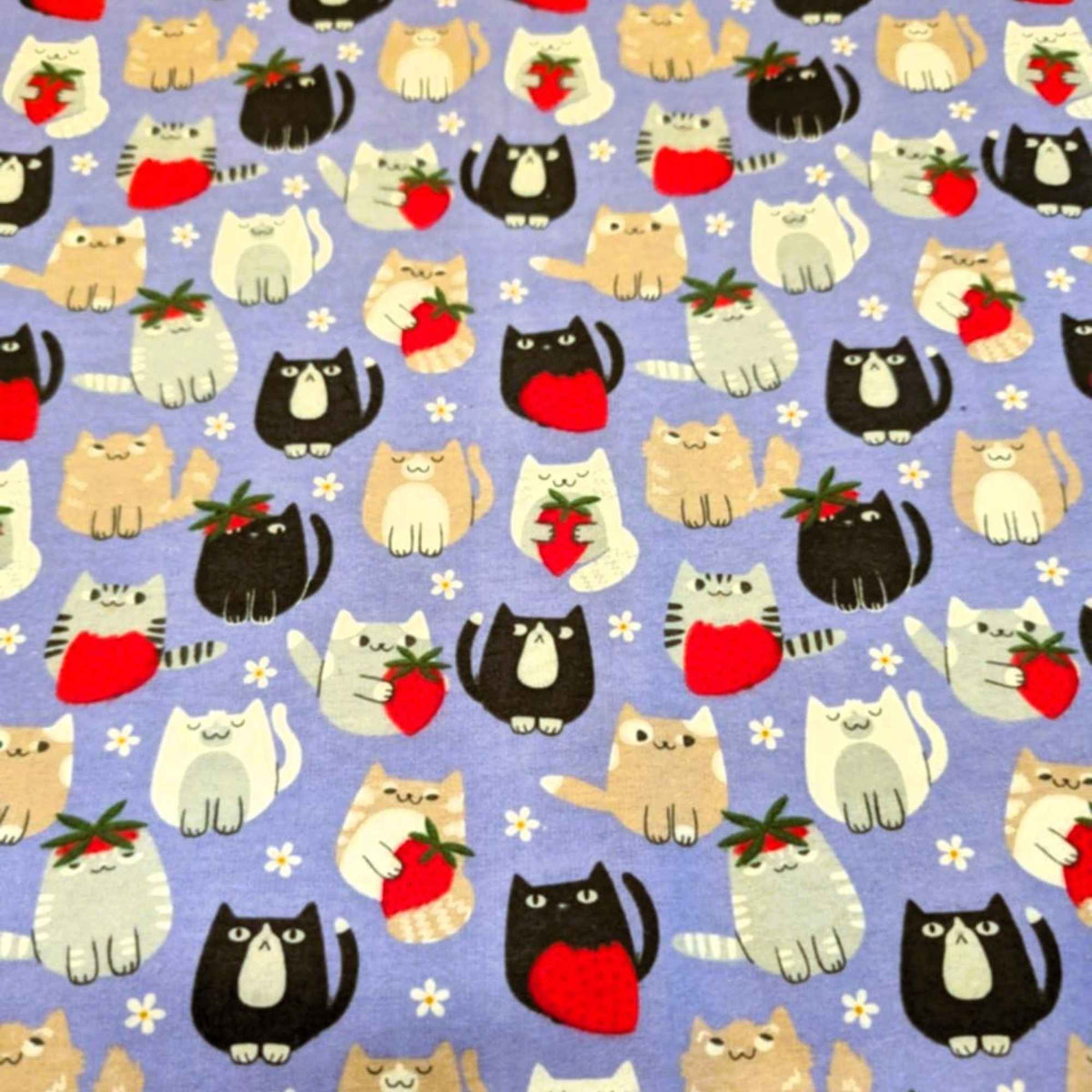 Cat and Strawberry Cotton FLANEL| Purple Background | Soft Brushed Oeko - Tex