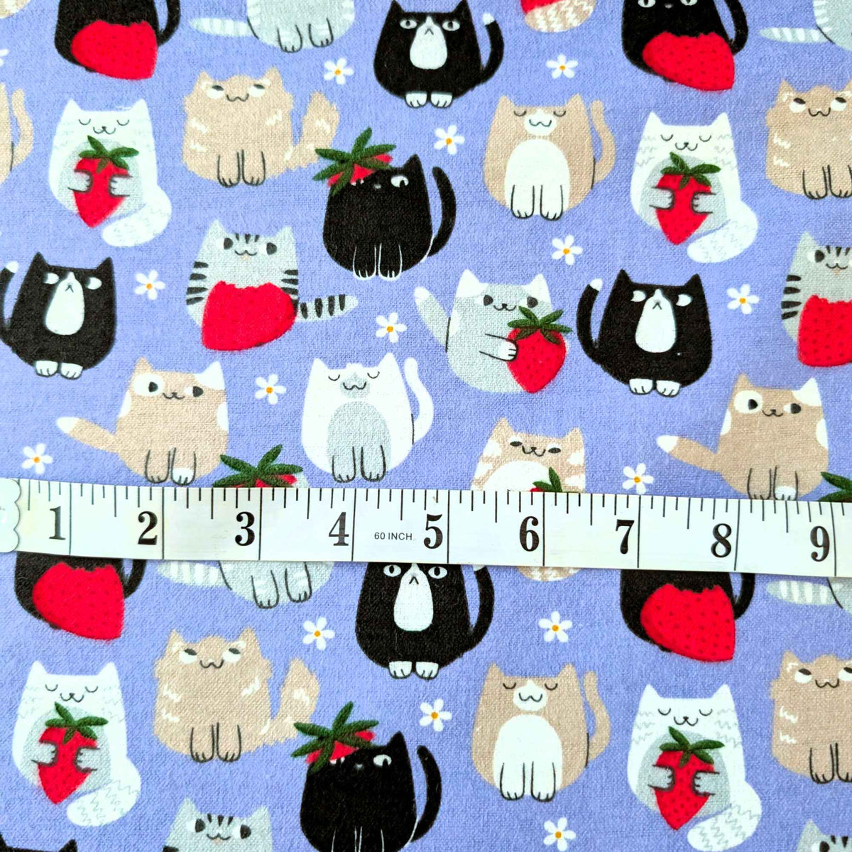 Cat and Strawberry Cotton FLANEL| Purple Background | Soft Brushed Oeko - Tex