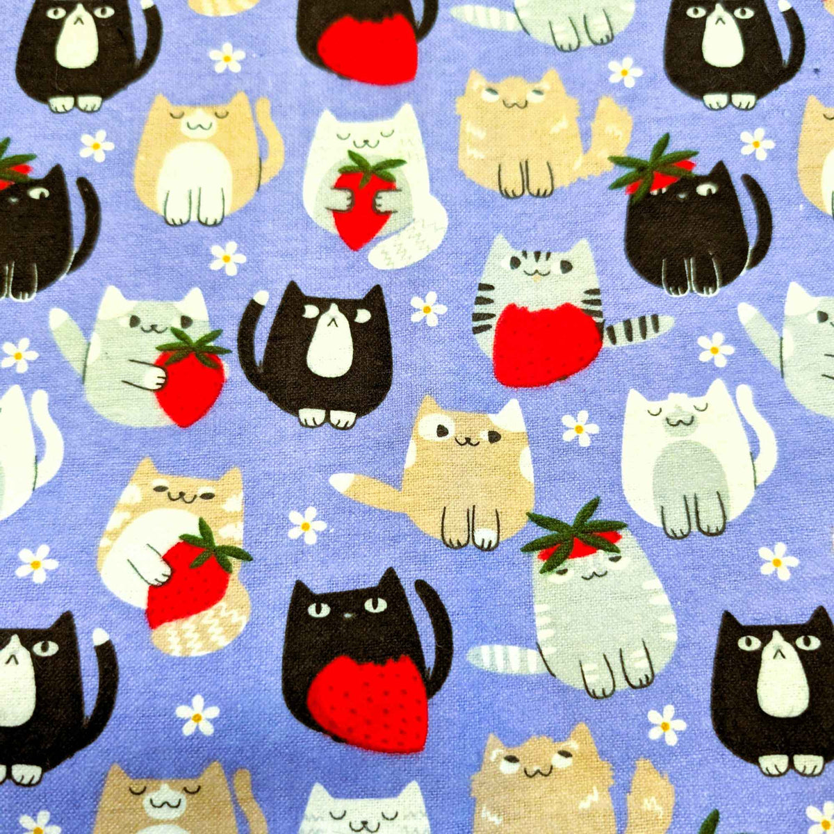 Cat and Strawberry Cotton FLANEL| Purple Background | Soft Brushed Oeko - Tex