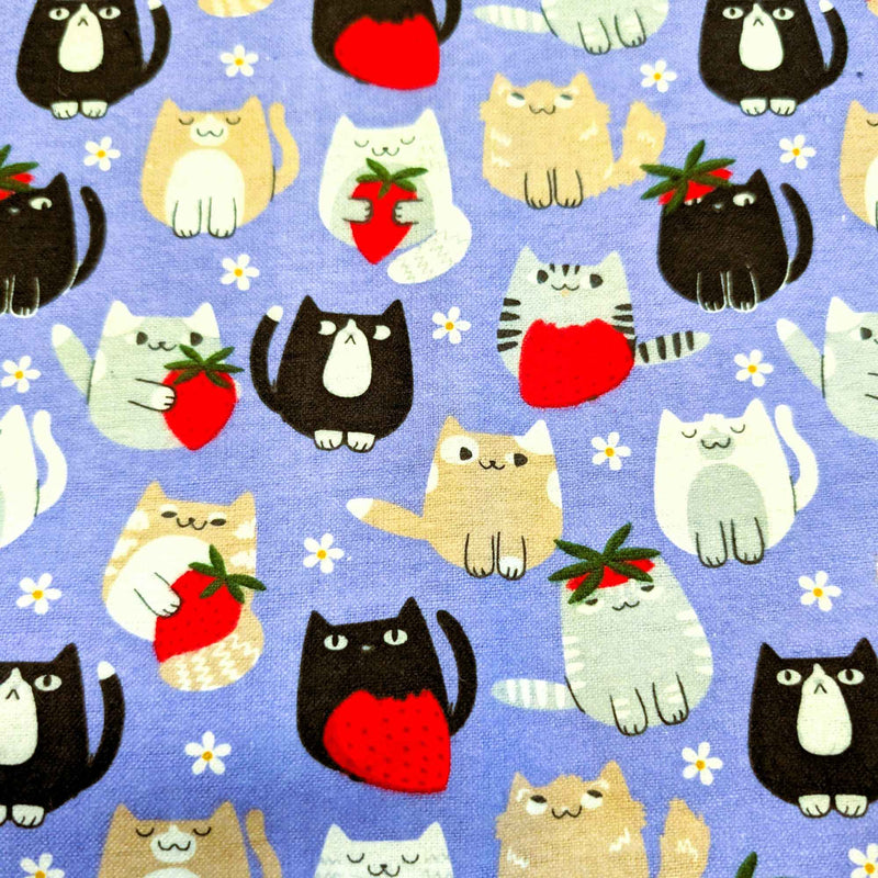 Cat and Strawberry Cotton FLANEL| Purple Background | Soft Brushed Oeko - Tex