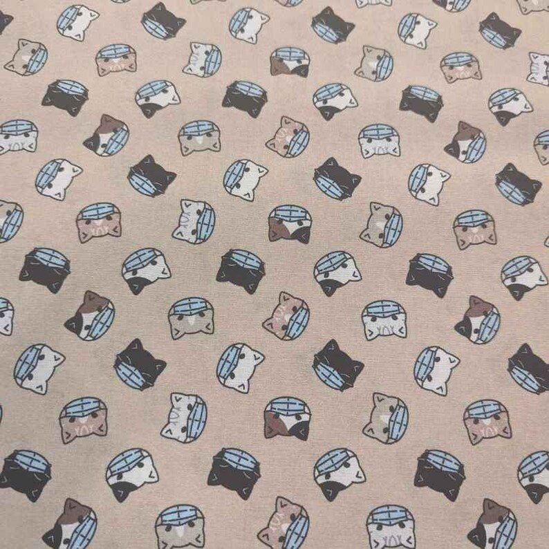 Cat Faces Cotton Fabric – Beige Novelty Print with Masks, 44" Wide