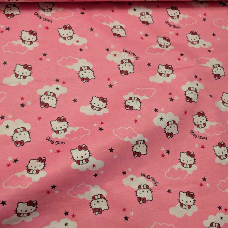 Cat FLANNEL, cloud and stars on pink background