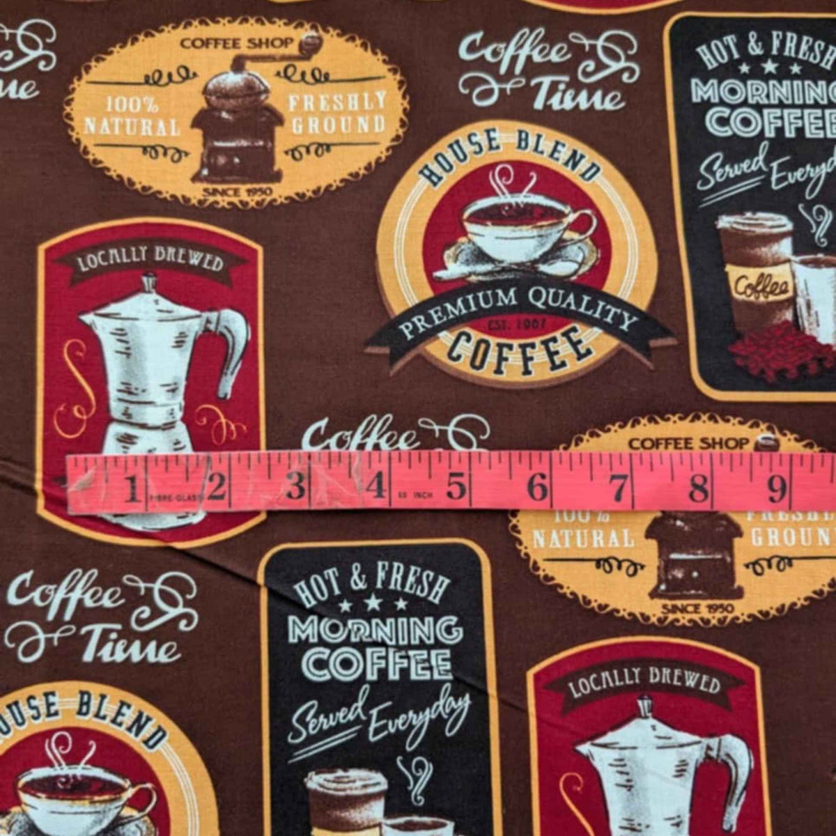 Coffee Shop Labels Cotton Print Fabric – Retro Coffee Theme