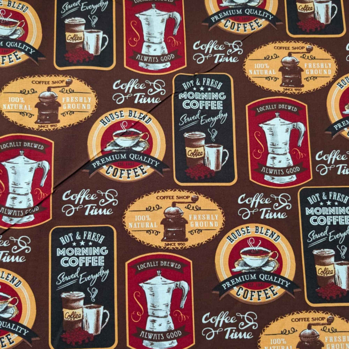 Coffee Shop Labels Cotton Print Fabric – Retro Coffee Theme