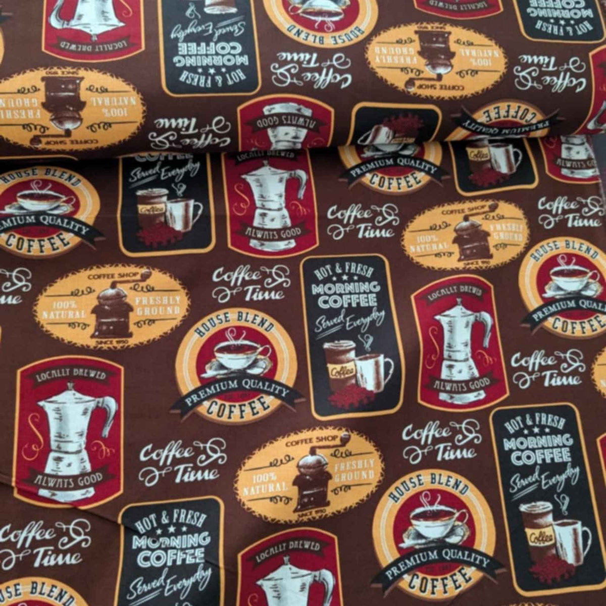 Coffee Shop Labels Cotton Print Fabric – Retro Coffee Theme