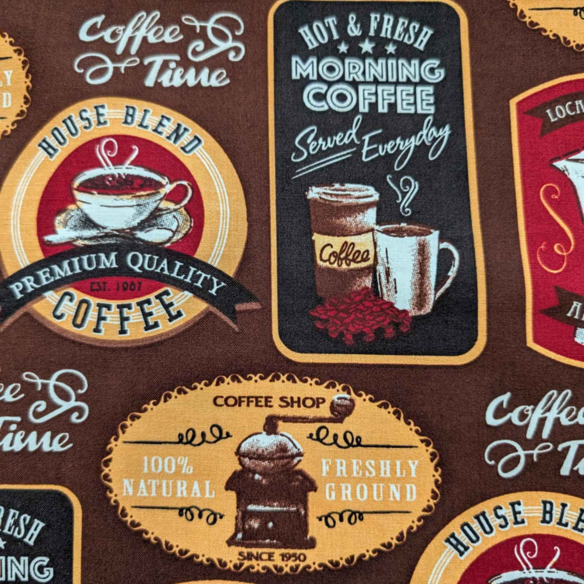 Coffee Shop Labels Cotton Print Fabric – Retro Coffee Theme