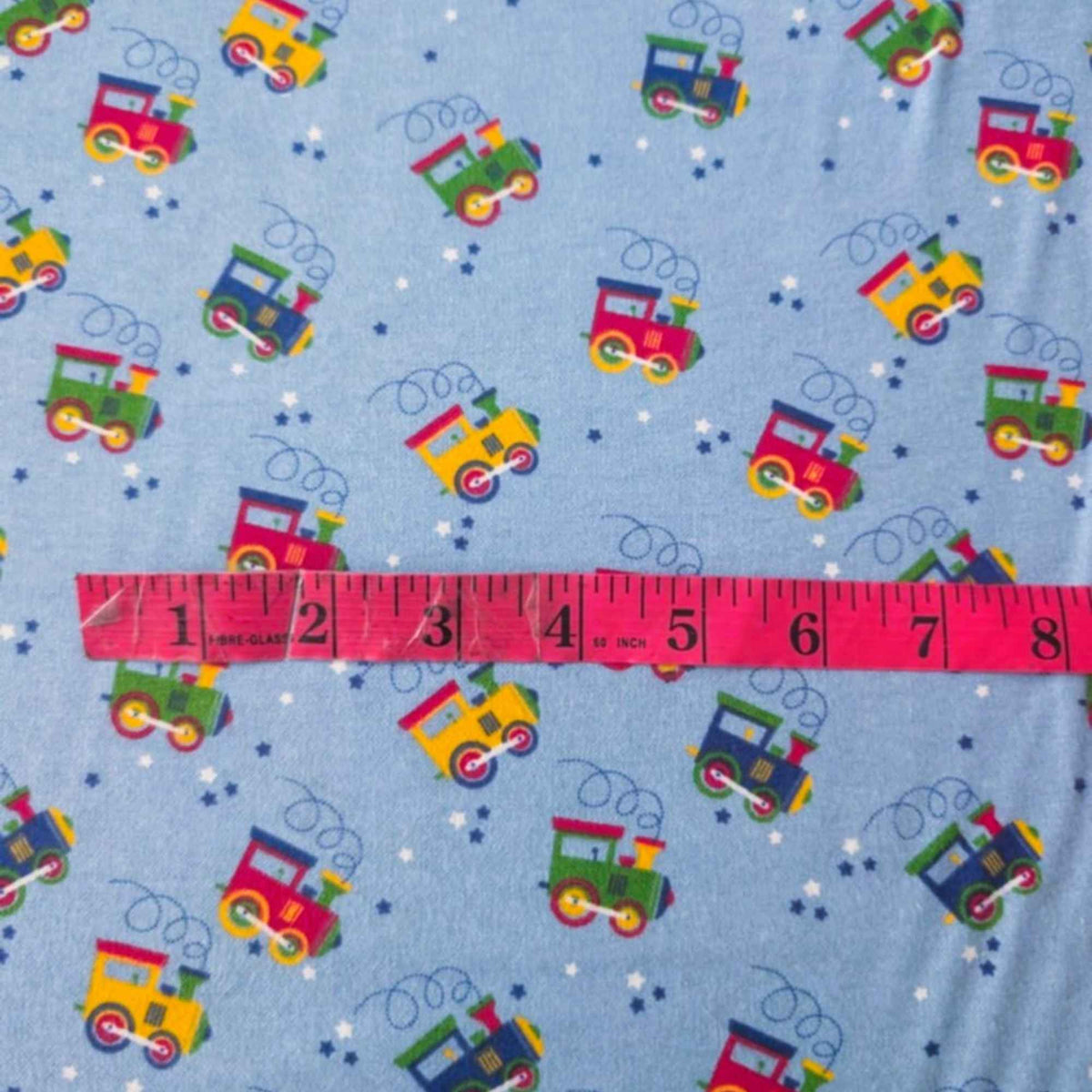 Colorful Trains on Blue Cotton Flannel – Brushed Soft Oeko - Tex Standard 100